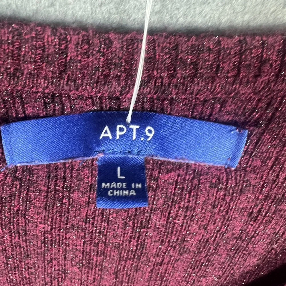 APT. 9 Women's Burgundy Mélange V-Neck Pullover Sweater Ribbed Side Slits Size L